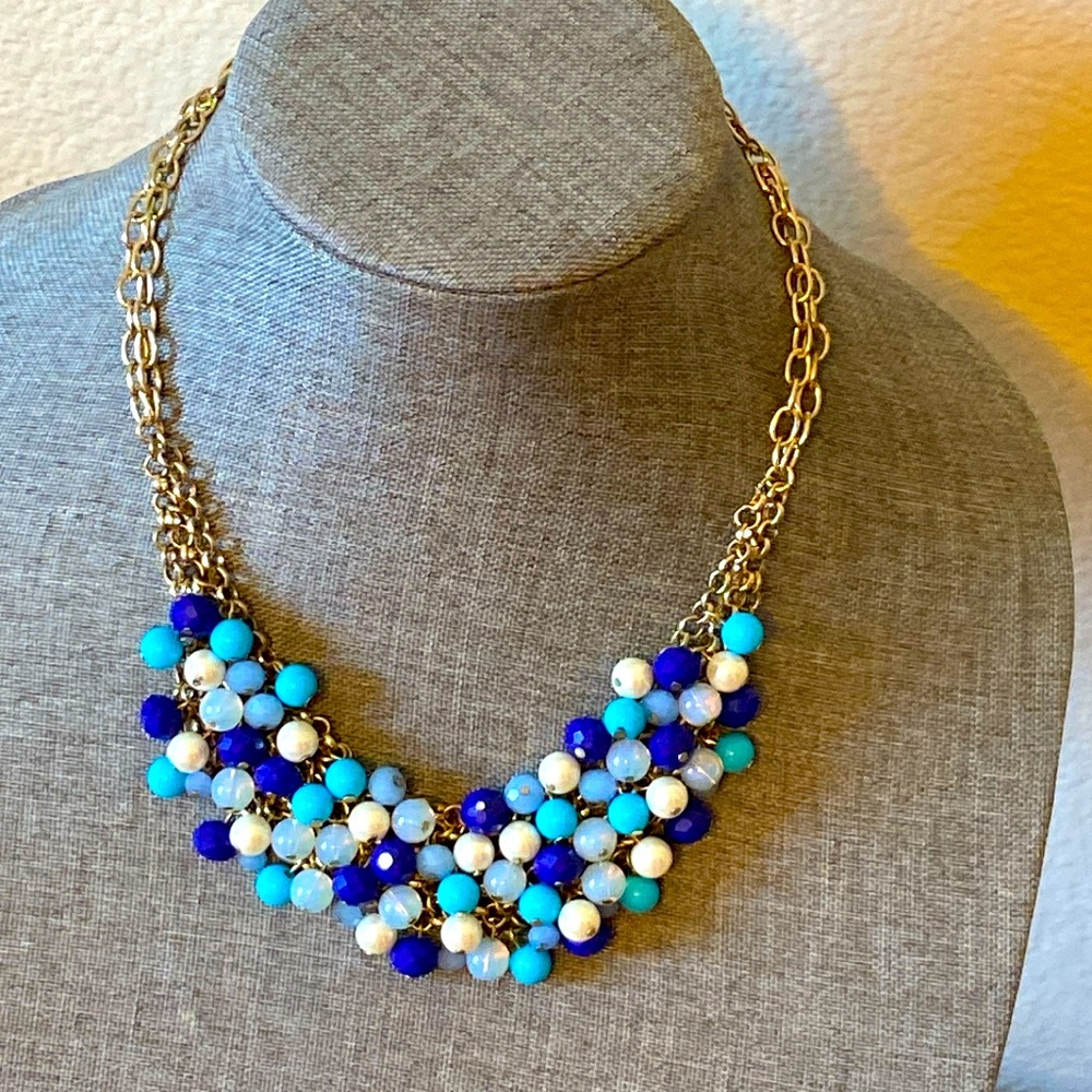 Vintage 90s Blues Beads Bib Statement Necklace
